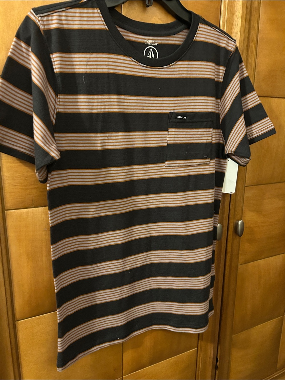 Volcom Dark Navy and Brown Striped Short Sleeve Pocket Tee